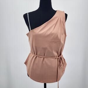 BCBGMaxAzria Asymmetric Pleated Sleeveless Blouse Metal Chain Shoulder Size M